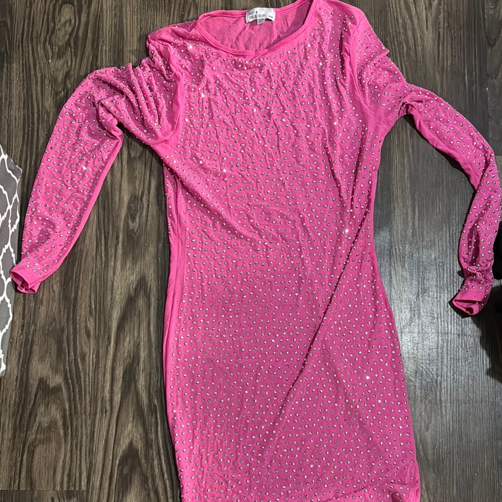Pink Ruched Sequin Bodycon Mini Dress with Long Bishop Sleeves